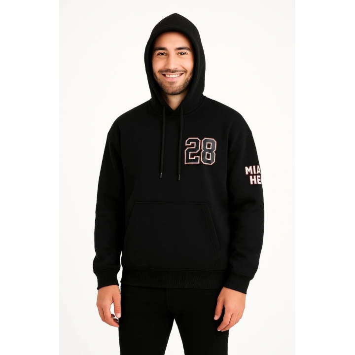 Üç İplik Kapüşonlu Ön ve Arka Baskılı SweatShirt hoodie - Siyah