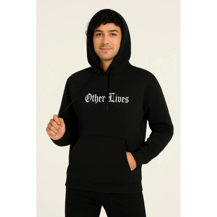 Üç İplik Kapüşonlu Ön ve Arka Baskılı SweatShirt hoodie - Siyah