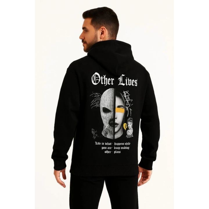 Üç İplik Kapüşonlu Ön ve Arka Baskılı SweatShirt hoodie - Siyah