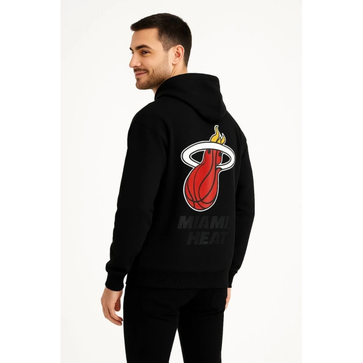 Üç İplik Kapüşonlu Ön ve Arka Baskılı SweatShirt hoodie - Siyah