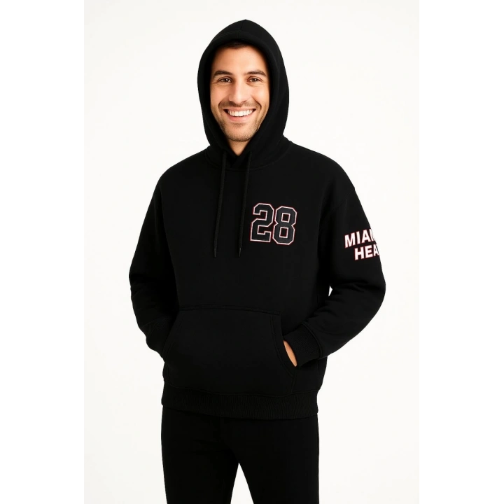 Üç İplik Kapüşonlu Ön ve Arka Baskılı SweatShirt hoodie - Siyah