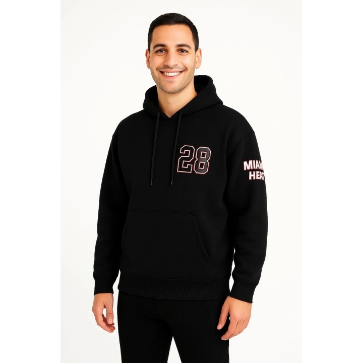 Üç İplik Kapüşonlu Ön ve Arka Baskılı SweatShirt hoodie - Siyah