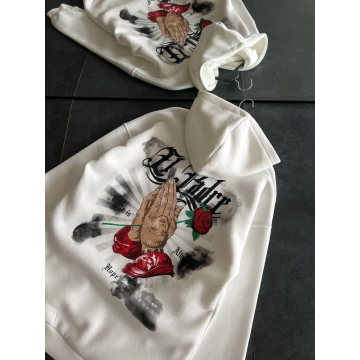 Üç İplik Penye Uzun Kol Kapüşonlu Baskılı SweatShirt - Beyaz