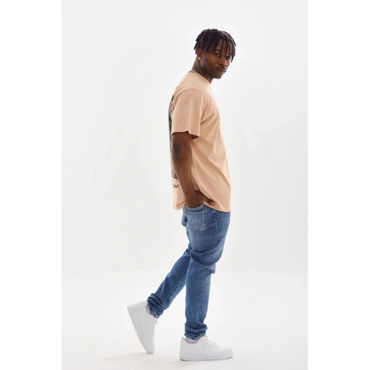 Unisex Baskılı Oversize T-Shirt - Bej