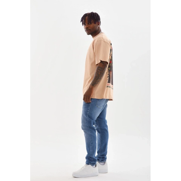 Unisex Baskılı Oversize T-Shirt - Bej