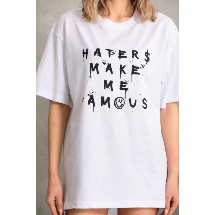 Unisex Baskılı Oversize T-Shirt - Beyaz
