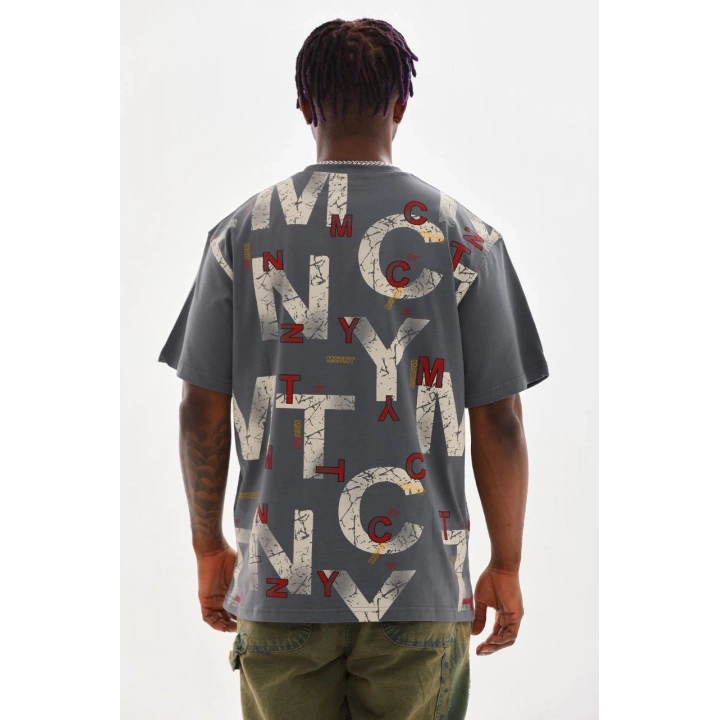 Unisex Baskılı Oversize T-Shirt - Füme