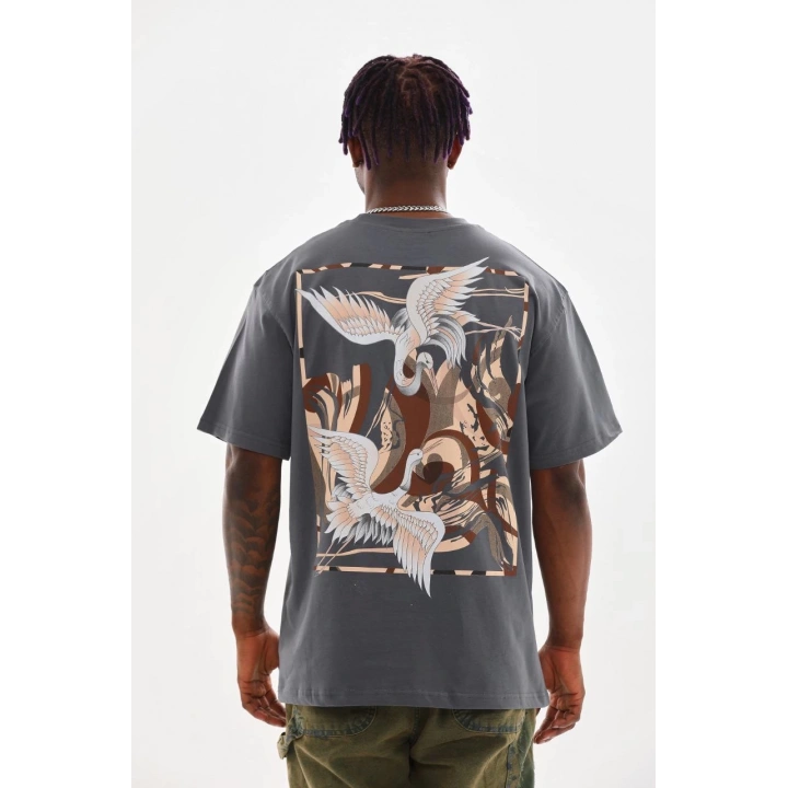 Unisex Baskılı Oversize T-Shirt - Füme