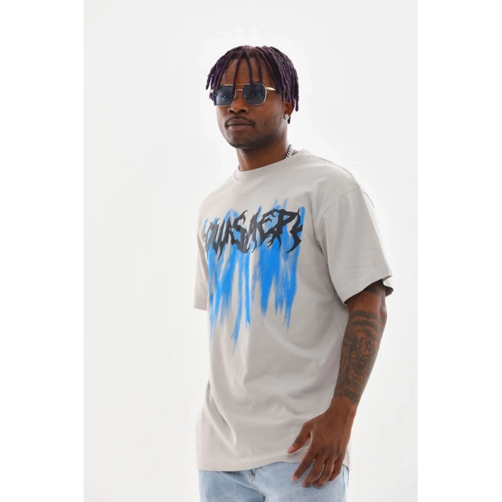 Unisex Baskılı Oversize T-Shirt - Gri