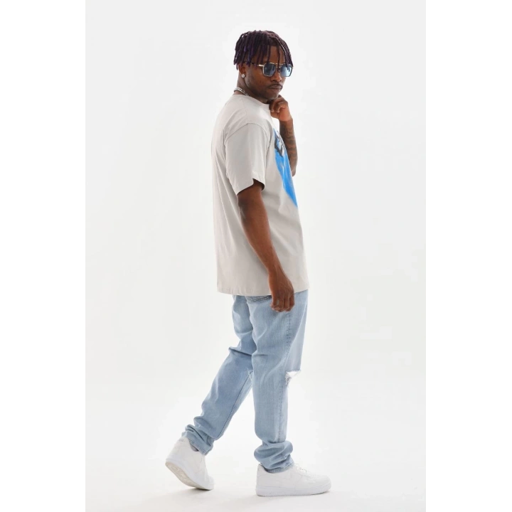 Unisex Baskılı Oversize T-Shirt - Gri