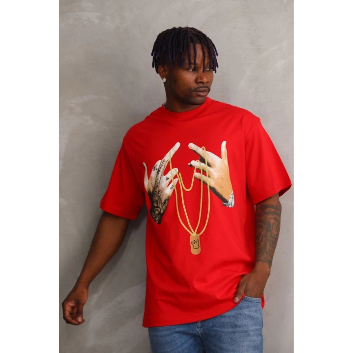 Unisex Baskılı Oversize T-Shirt - Kırmızı