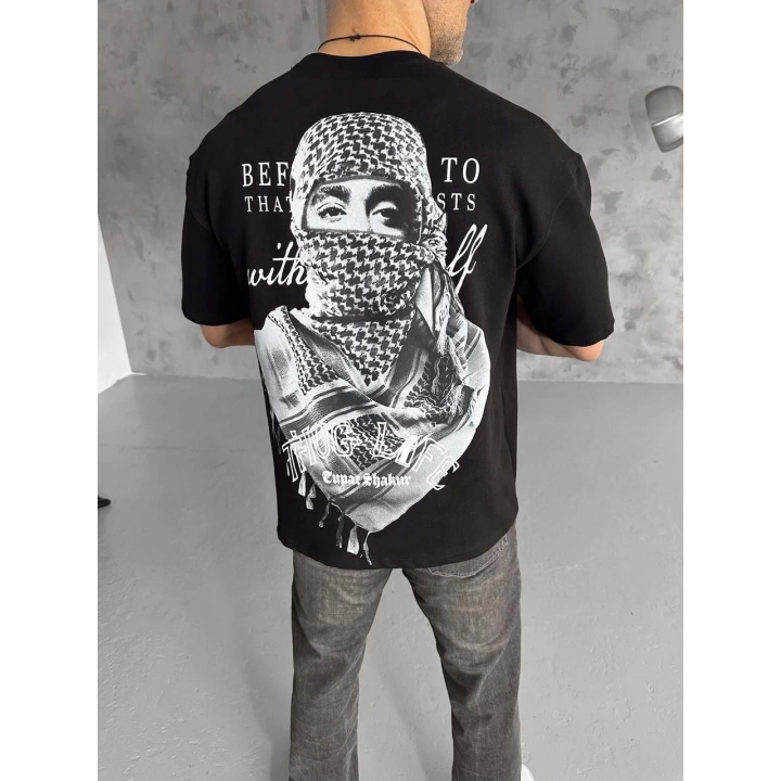 Unisex Baskılı Oversize T-Shirt - Siyah