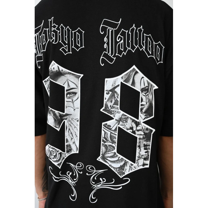 Unisex Baskılı Oversize T-Shirt - Siyah