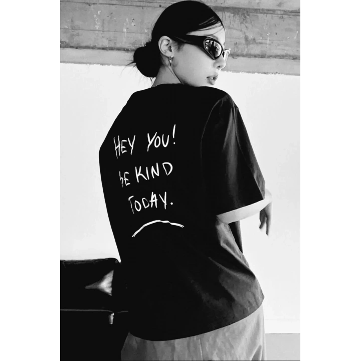 Unisex Baskılı Oversize T-Shirt - Siyah