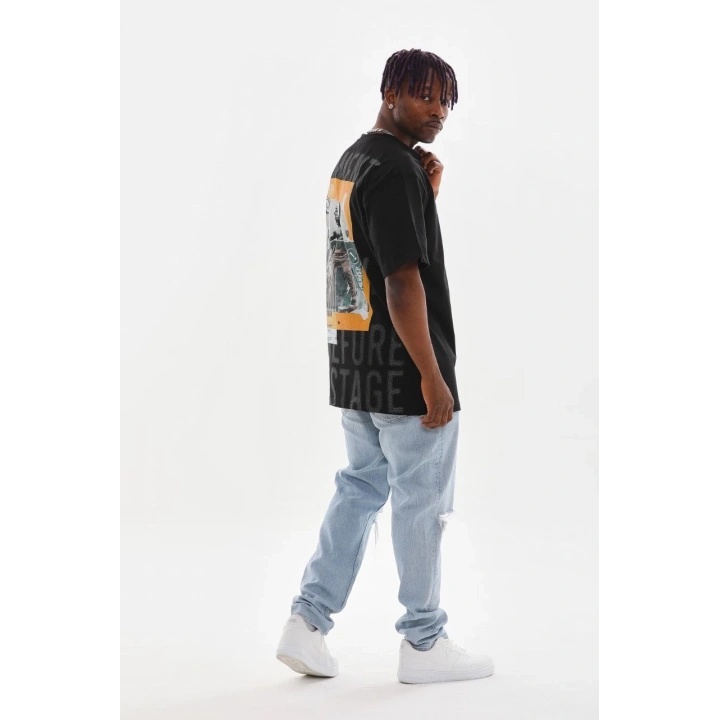 Unisex Baskılı Oversize T-Shirt - Siyah