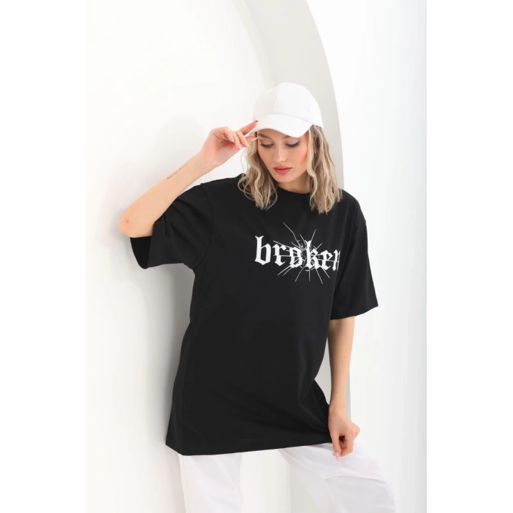 Unisex Baskılı Oversize T-Shirt - Siyah