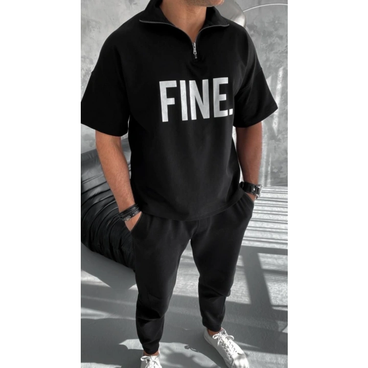 Unisex Baskılı Yarım Fermuarlı T-Shirt - Siyah