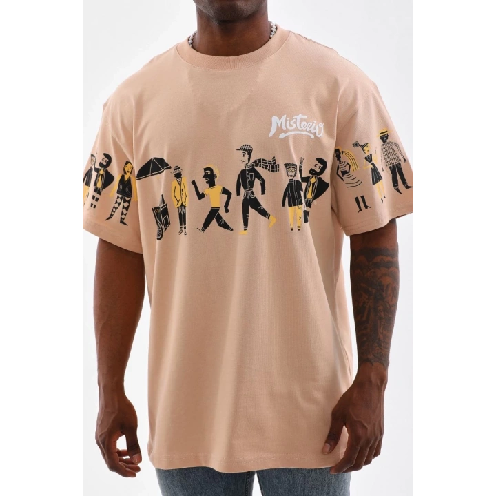 Unisex Bisiklet Yaka Baskılı Oversize T-Shirt - Bej