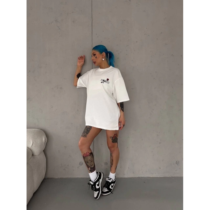 Unisex Bisiklet Yaka Baskılı Oversize T-Shirt - Beyaz