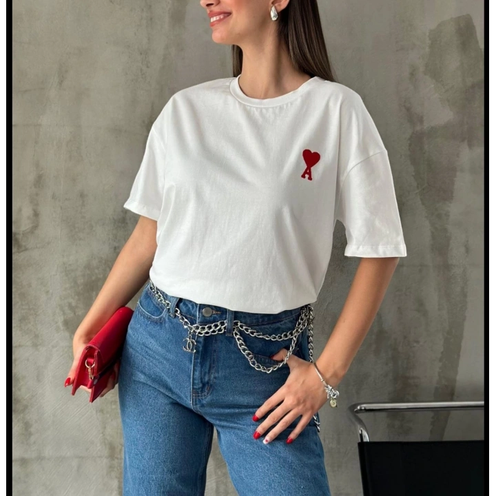 Unisex Bisiklet Yaka Baskılı Oversize T-Shirt - Beyaz