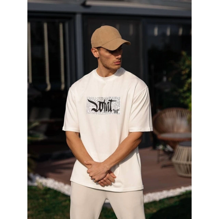 Unisex Bisiklet Yaka Baskılı Oversize T-Shirt - Beyaz