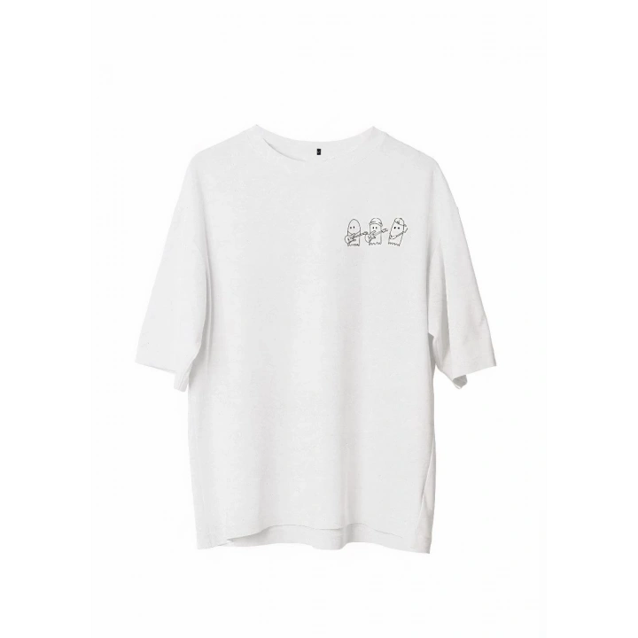 Unisex Bisiklet Yaka Baskılı Oversize T-Shirt - Beyaz