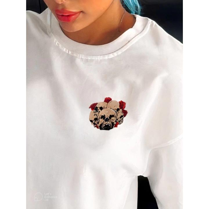 Unisex Bisiklet Yaka Baskılı Oversize T-Shirt - Beyaz
