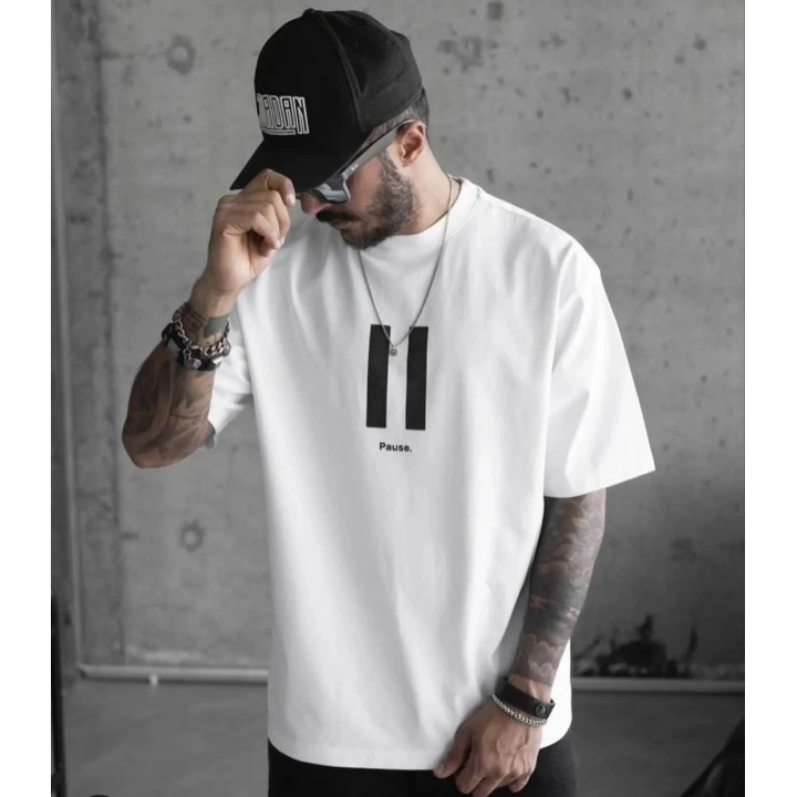 Unisex Bisiklet Yaka Baskılı Oversize T-Shirt - Beyaz