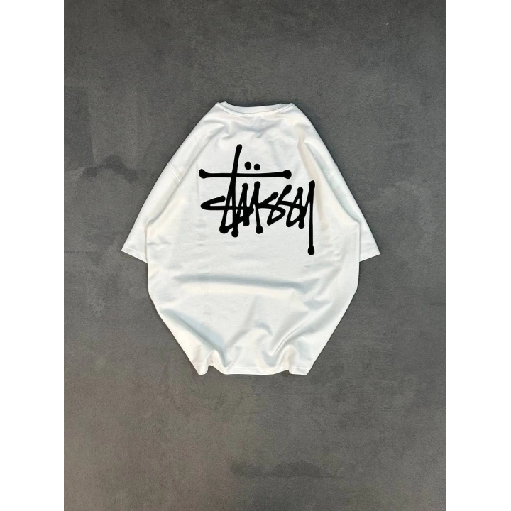 Unisex Bisiklet Yaka Baskılı Oversize T-Shirt - Beyaz