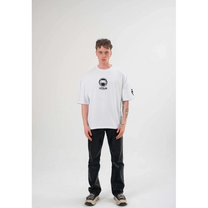Unisex Bisiklet Yaka Baskılı Oversize T-Shirt - Beyaz