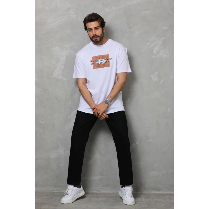 Unisex Bisiklet Yaka Baskılı Oversize T-Shirt - Beyaz