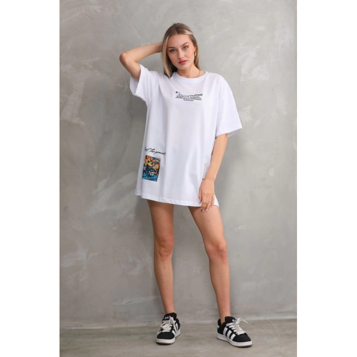 Unisex Bisiklet Yaka Baskılı Oversize T-Shirt - Beyaz