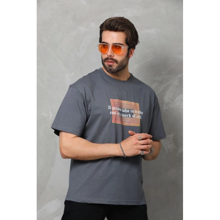 Unisex Bisiklet Yaka Baskılı Oversize T-Shirt - Füme