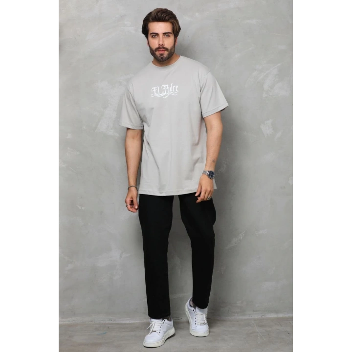 Unisex Bisiklet Yaka Baskılı Oversize T-Shirt - Gri