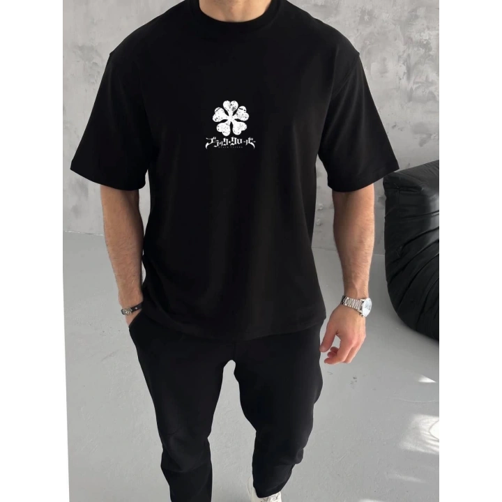 Unisex Bisiklet Yaka Baskılı Oversize T-Shirt - Siyah