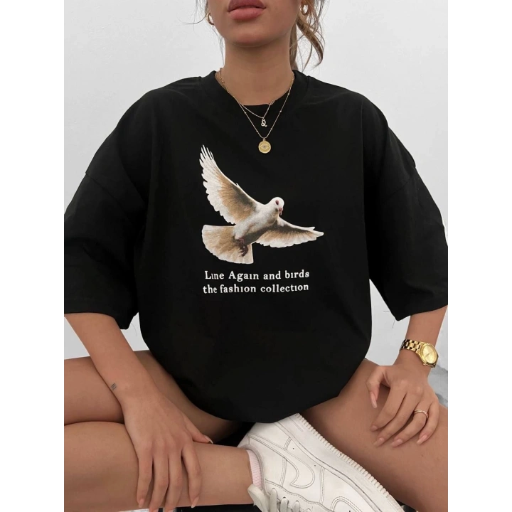 Unisex Bisiklet Yaka Baskılı Oversize T-Shirt - Siyah