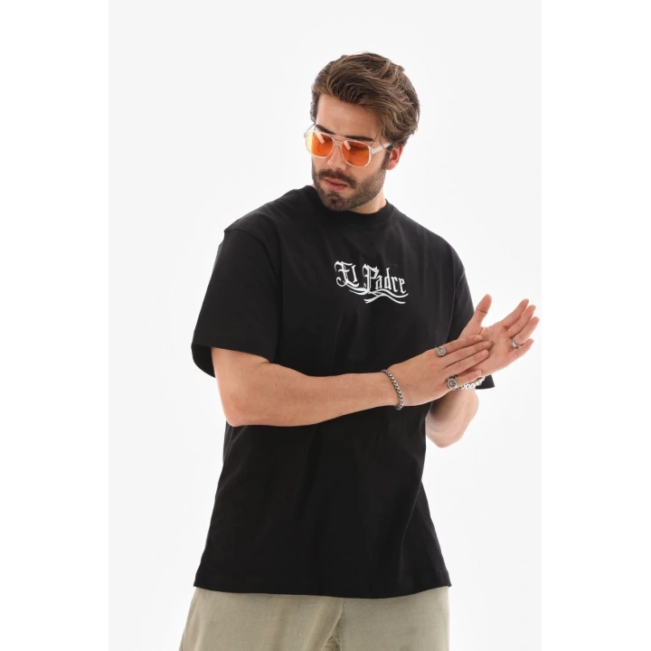 Unisex Bisiklet Yaka Baskılı Oversize T-Shirt - Siyah