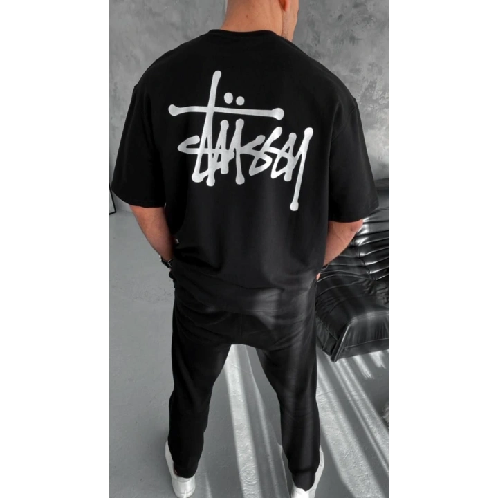 Unisex Bisiklet Yaka Baskılı Oversize T-Shirt - Siyah