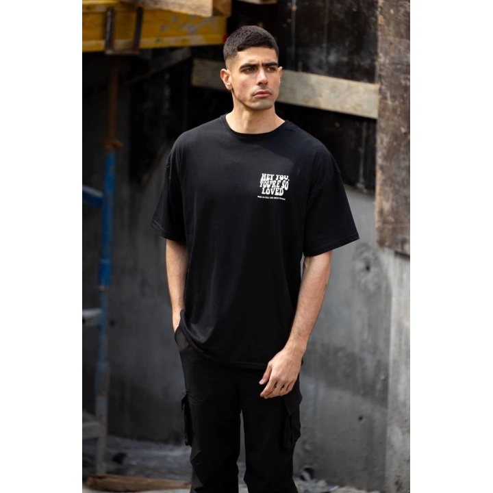 Unisex Bisiklet Yaka Baskılı Oversize T-Shirt - Siyah