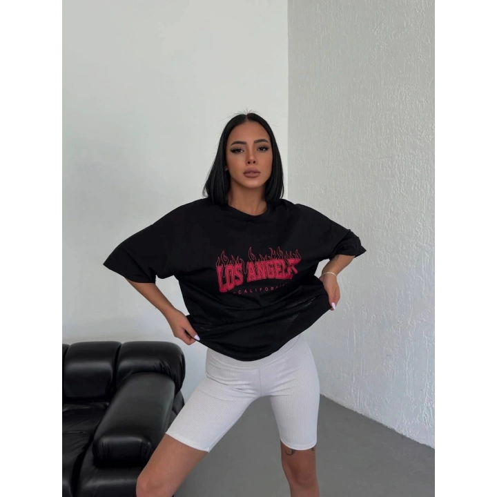 Unisex Bisiklet Yaka Baskılı Oversize T-Shirt - Siyah