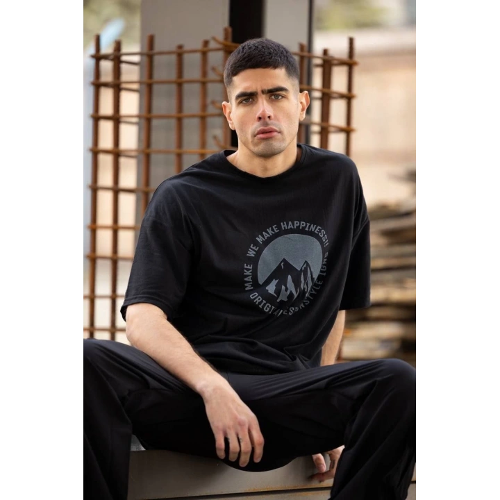 Unisex Bisiklet Yaka Baskılı Oversize T-Shirt - Siyah