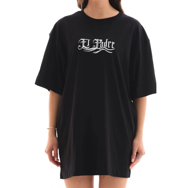 Unisex Bisiklet Yaka Baskılı Oversize T-Shirt - Siyah
