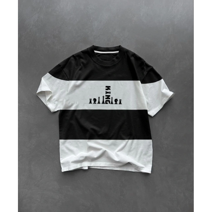 Unisex Bisiklet Yaka Baskılı Parçalı Oversize T-Shirt - Siyah