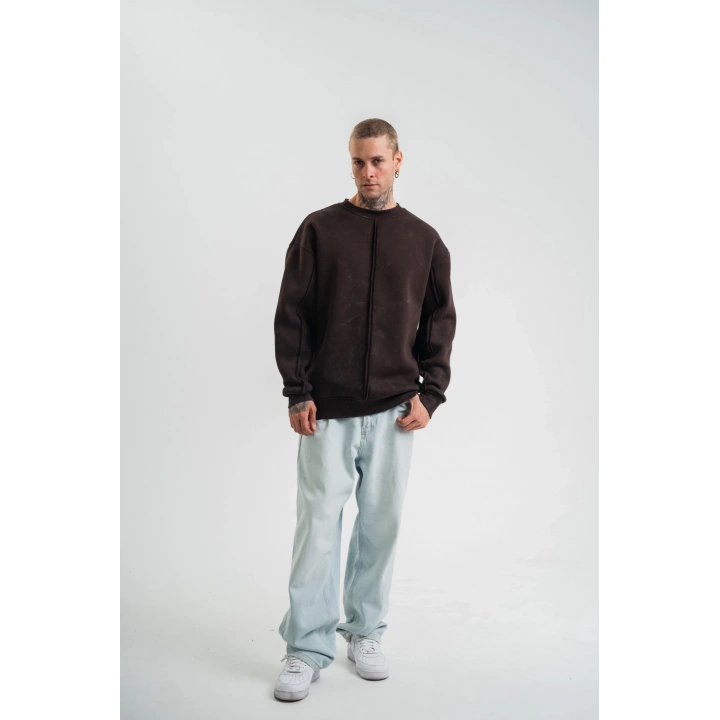 Unisex Bisiklet Yaka Özel Pis Dikişli Yıkamalı SweatShirt - Kahve