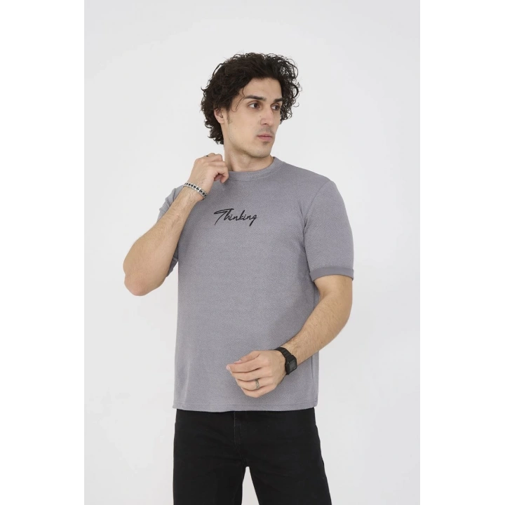 Unisex Bisiklet Yaka Slim fit T-Shirt- Gri