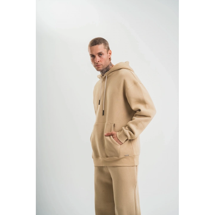 Unisex Double Oversize Kapşonlu Basic SweatShirt - Bej