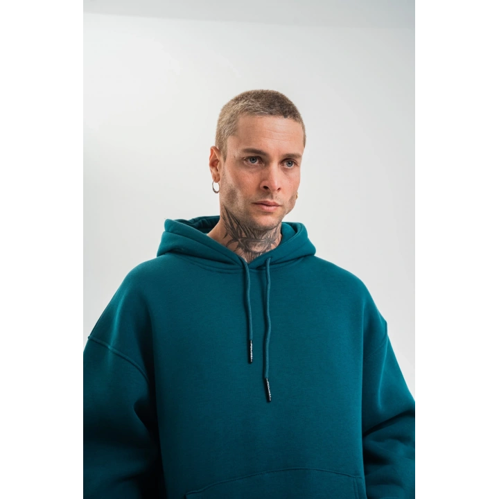 Unisex Double Oversize Kapşonlu Basic SweatShirt - Koyu Deniz Yeşili