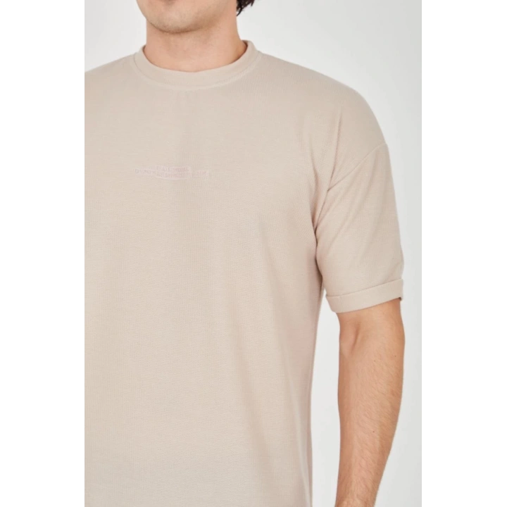 Unisex Jakar Kumaş Rahat Kol T-Shirt - Bej