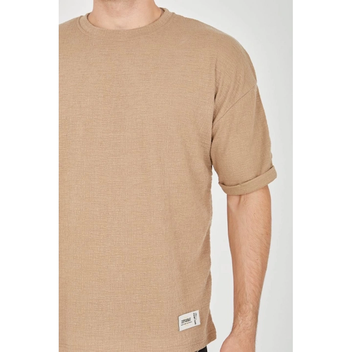 Unisex Jakar Kumaş Rahat Kol T-Shirt - Kahverengi