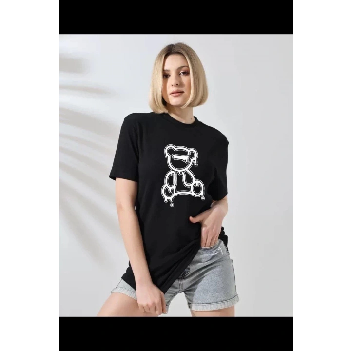 Unisex Kadın Bisiklet Yaka Baskılı T-Shirt - Siyah